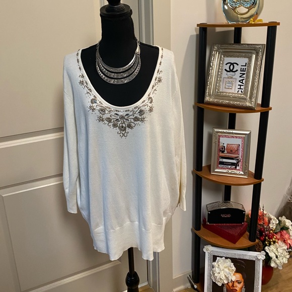 George Sweaters - GEORGE BEADED SWEATER WOMEN SZ 22-24 OFF WHITE SCOOP NECK LONG SLEEVE NWT PTP 26